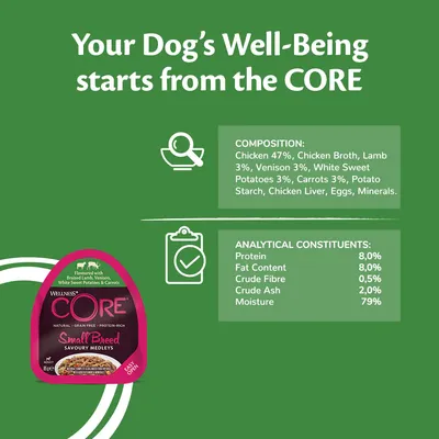 Product composition: chicken 47%, chicken broth, lamb 3%, venison 3%, white sweet potatoes 3%, carrots 3%. Analytical values: protein 8%, fat 8%, fibre 0.5%, ash 2%, moisture 79%.