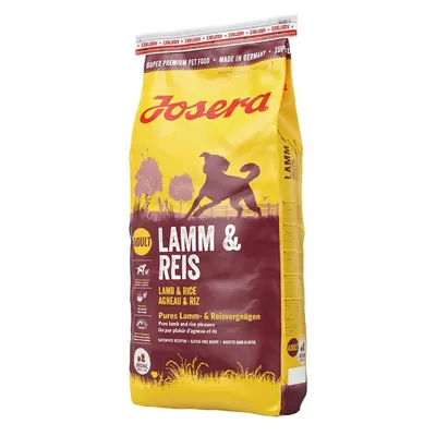 Sac Josera Lamm & Reis Adult, agneau et riz, texte visible : Pure lamb and rice pleasure, recette sans gluten, made in Germany, super premium pet food.