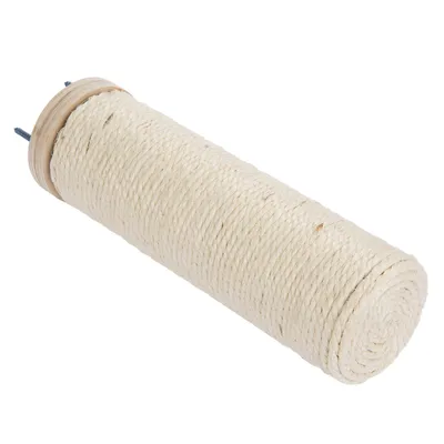 Poste de repuesto para árbol rascador de sisal claro con extremos de madera y tornillos para fijación.