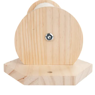 Soporte de madera con base redonda y tornillo central, adecuado para productos para mascotas o montaje de accesorios.