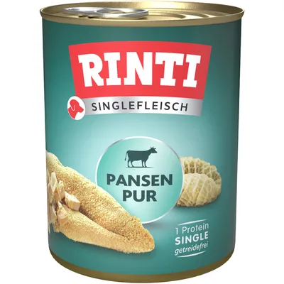 Rinti Singlefleisch Pansen Pur, 1 protein, bez obilovin. Konzerva se zeleným pozadím a vyobrazením kousků bachoru.