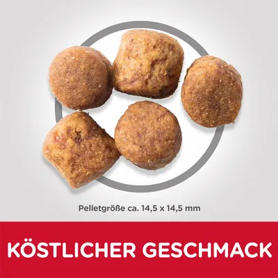 Velikost pelet približno 14,5 x 14,5 mm. Okusen okus.