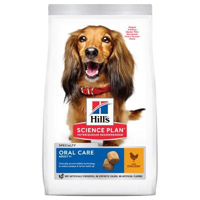Hill's Science Plan Oral Care Adult 1+ с пилешко. Клинично тествани гранули за намаляване на плака и зъбен камък. Без изкуствени консерванти, оцветители или аромати.