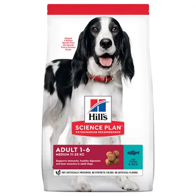Hill's Science Plan Adult 1-6 Medium 11-25 kg cu ton și orez. Susține imunitatea, digestia sănătoasă și dezvoltarea musculară la câinii adulți. Fără aditivi artificiali.