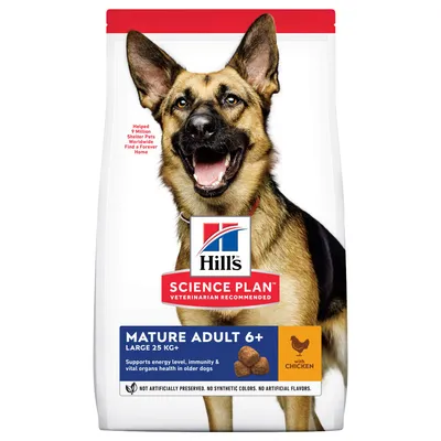 Hill's Science Plan Mature Adult 6+ Large 25kg+ z kurczakiem. Wspiera energię, odporność i zdrowie narządów starszych psów. Bez sztucznych konserwantów, barwników i aromatów.