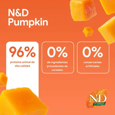 N&D Pumpkin: 96% proteína animal, 0% ingredientes de cereales, 0% conservantes artificiales.