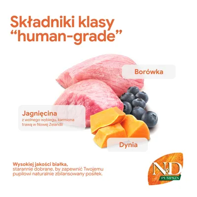 Składniki z gromady 'human-grade': mięso jagnięce z wolnego wybiegu w Nowej Zelandii, czarne jagody, dynia. Wysokiej jakości białko dla zrównoważonych posiłków. N&D Pumpkin. Składniki z gromady 'human-grade': mięso jagnięce z wolnego wybiegu w Nowej Zelandii, czarne jagody, dynia. Wysokiej jakości białko dla zrównoważonych posiłków. N&D Pumpkin.