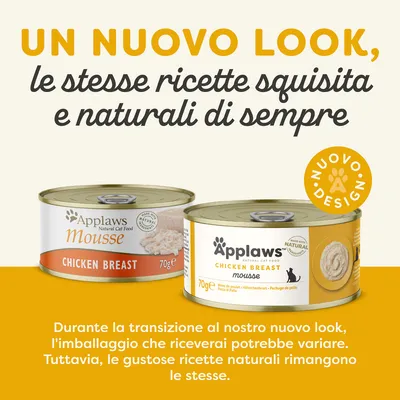 Un nuovo look, le stesse ricette squisita e naturali di sempre. Applaws Mousse Chicken Breast 70g. Nuovo design. Durante la transizione l'imballaggio potrebbe variare.