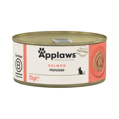 Applaws salmon mousse cat food tin, 70g, made with natural ingredients, Certified B Corporation label visible.