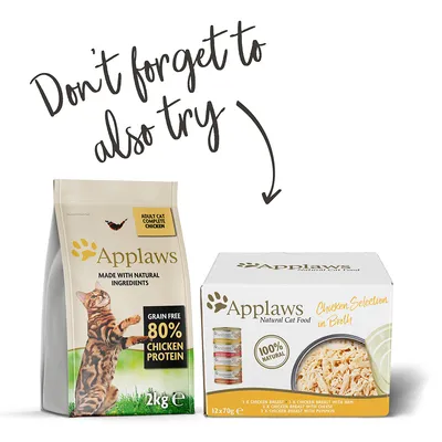 Корм для кошек Applaws: упаковка 2 кг с надписью '80% chicken protein', коробка консервов 12×70 г с текстом '100% natural'. Видны изображения курицы и миски.