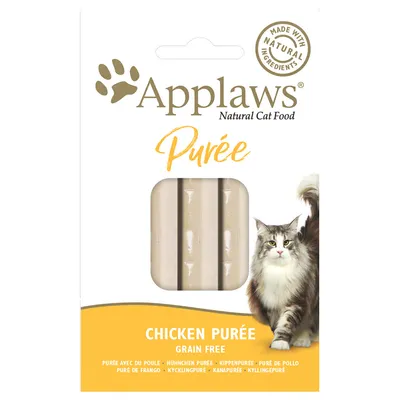 Опаковка Applaws Purée Natural Cat Food, Chicken Purée Grain Free. Видими са три стика пюре и изображение на котка. Текст: Made with natural ingredients.