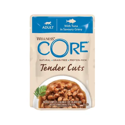 Wellness CORE Tender Cuts, natural, grain free, protein-rich food with tuna in savoury gravy for adults. Complete and balanced with added vitamins and minerals. 85g pouch.