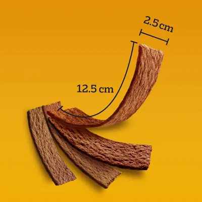 Produktbild med mått: längd 12,5 cm och bredd 2,5 cm. Visar bruna remsor med textur.