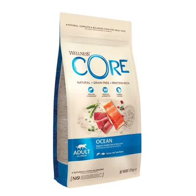 Wellness CORE Ocean dry food for adult cats, natural, grain free, protein-rich, with fresh fish as main ingredient, prebiotics, probiotics, hairball control, salmon with tuna recipe.