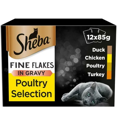 Sheba Fine Flakes in Gravy Poultry Selection, 12 packs of 85g. Includes duck, chicken, poultry and turkey varieties.