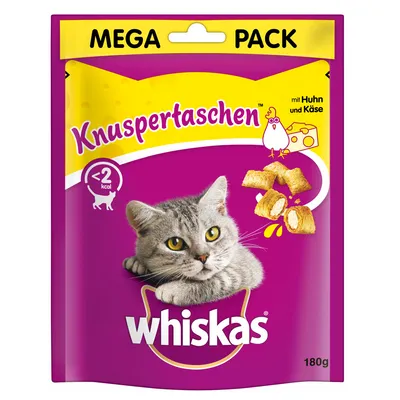Envase Whiskas Knuspertaschen MEGA PACK 180g, con texto en alemán: mit Huhn und Käse, <2 kcal, imagen de gato y snacks rellenos. Marca Whiskas visible.