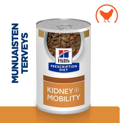 Hill's Prescription Diet Kidney + Mobility -säilykepurkki, näkyvissä ruoan koostumus. Teksti: MUNUAISTEN TERVEYS. Oranssi kanan siluetti oikeassa yläkulmassa.