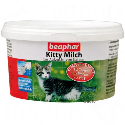 beaphar Kitty Milch, zur Aufzucht von Katzen. Verbeterde receptuur: Taurin, Protein, Vit. E. Muttermilch-Ersatz, AufbauMilch. Afbeelding van een kitten op de verpakking.