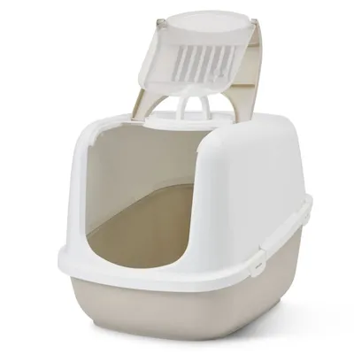 Kattenbak met beige onderbak en witte kap, voorzien van een transparant klapdeurtje aan de bovenkant. Kunststof materiaal zichtbaar.