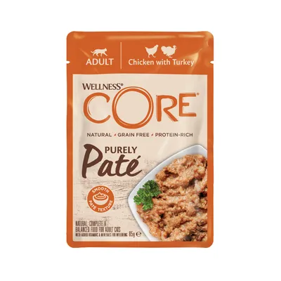 Wellness CORE Purely Paté, chicken with turkey, natural, grain free, protein-rich, smooth paté texture, complete balanced food for adult cats, 85g pouch.