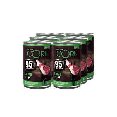 Six cans labelled 95% single protein lamb, grain free, complete food for adult dogs with added vitamins and minerals.