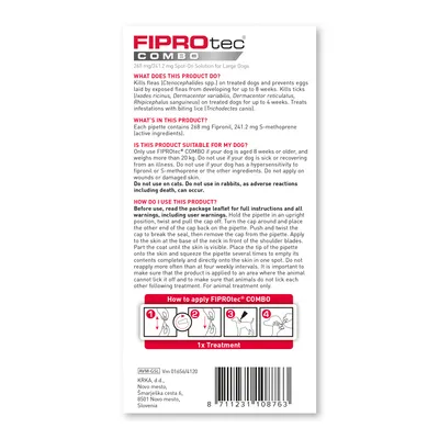 Instructions for FIPROtec COMBO spot-on solution, including product use, suitability, warnings, and step-by-step guide on how to apply the treatment. For animal treatment only.