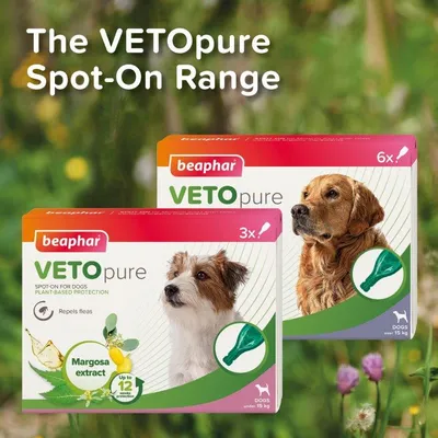 Beaphar VETOpure Spot-On range for dogs, plant-based protection with margosa extract, repels fleas, available in packs for dogs under and over 15 kg, up to 12 weeks protection.