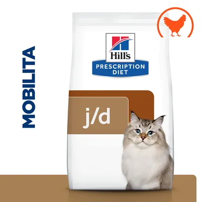 Hill's PRESCRIPTION DIET j/d, balení s obrázkem kočky, nápis MOBILITA vlevo a oranžová ikona kuřete vpravo nahoře. Hill's PRESCRIPTION DIET j/d, balení s obrázkem kočky, nápis MOBILITA vlevo a oranžová ikona kuřete vpravo nahoře.
