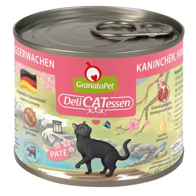 GranataPet DeliCATessen PATÉ, Kaninchen, Huhn. Fremstillet i Tyskland. Uden korn. Granatæblekerner, lakseolie, grønlæbet musling. Illustration af sort kat på dåsen.