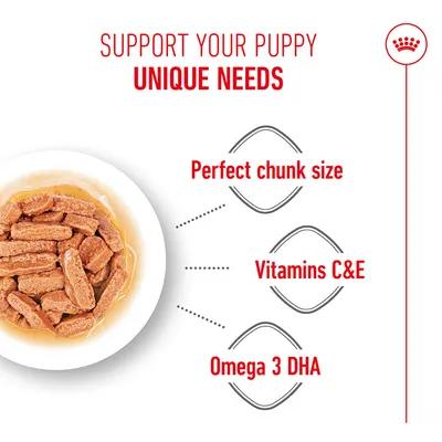 SUPPORT YOUR PUPPY'S UNIQUE NEEDS. Perfect chunk size, vitamins C & E, omega-3 DHA. SUPPORT YOUR PUPPY'S UNIQUE NEEDS. Perfect chunk size, vitamins C & E, omega-3 DHA.