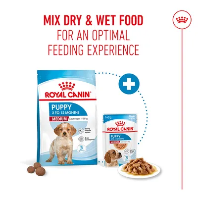 Royal Canin Puppy 2 to 12 Months Medium Dry and Wet Food. Note: Mix dry and wet food for an optimal feeding experience. Royal Canin Puppy 2 to 12 Months Medium Dry and Wet Food. Note: Mix dry and wet food for an optimal feeding experience.