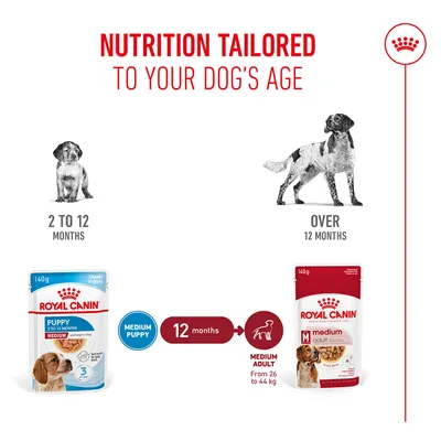 Royal Canin feeding recommendation: Puppy Medium for dogs from 2 to 12 months, from 12 months Medium Adult. Age-appropriate nutrition for medium-sized dogs. Royal Canin feeding recommendation: Puppy Medium for dogs from 2 to 12 months, from 12 months Medium Adult. Age-appropriate nutrition for medium-sized dogs.