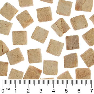 Quadratische, beige Trockenfutterstücke mit Massstab in Zentimetern von 0 bis 7 cm zur Grössenangabe.