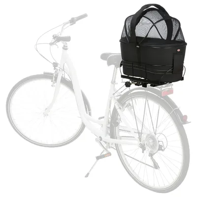 Schwarze Fahrrad-Transporttasche mit Netzabdeckung, montiert auf einem Gepäckträger eines weissen Fahrrads.