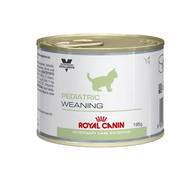 Conservă Royal Canin Pediatric Weaning, Veterinary Care Nutrition, 195g. Text vizibil: VETERINARY EXCLUSIVE, imagine siluetă pisică.