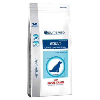 Royal Canin Neutered Adult Large Dog over 25 kg, yli 15 kk, Veterinary Exclusive -koiranruokapakkaus. Pakkaus valkoinen ja sininen, näkyvissä tuotetiedot englanniksi.