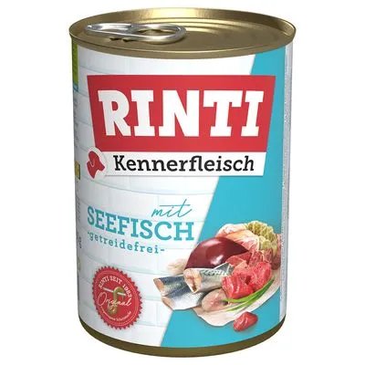 Rinti Kennerfleisch mit Seefisch, getreidefrei. Afbeelding van vis en vlees op het blik. Tekst: 'Seit 1983 das Original'.