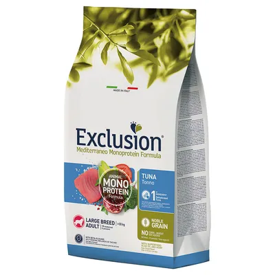 Exclusion Mediterraneo Monoprotein Formula, Large Breed Adult >30 kg, smag af tunfisk, kornfri, fremstillet i Italien.