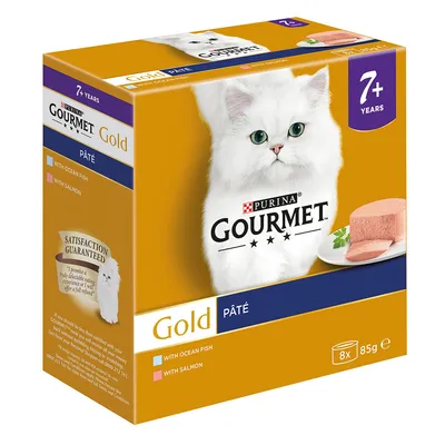 Purina Gourmet Gold Pâté für Katzen ab 7 Jahren, Sorten: mit Meeresfisch und Lachs, 8x85g. Zufriedenheitsgarantie sichtbar.