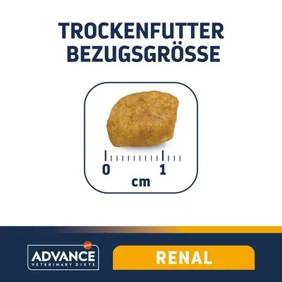 Trockenfutter Bezugsgrösse: Krokette mit Massstab von 0 bis 1 cm. Marke: Advance Veterinary Diets, Produktlinie: Renal.