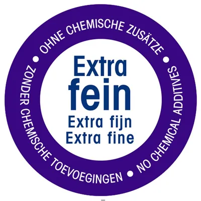 Extra fein, Extra fijn, Extra fine. Ohne chemische Zusätze, Zonder chemische toevoegingen, No chemical additives. Testo in tedesco, olandese e inglese.