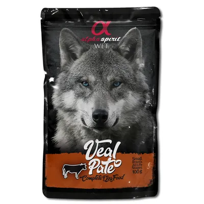 Alpha Spirit True Complete Dog Food, 100g Packung mit orangefarbenem Design und schwarzem Hintergrund.