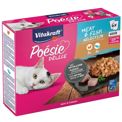Vitakraft Poésie Délice Meat & Fish Selection in gelei, 6x porties. Met natuurlijke stukjes vlees, zonder suiker, zonder granen. Gemaakt in Duitsland.