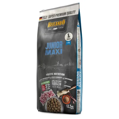 Sac de croquettes Belcando Dog Food Junior Maxi L–XL, 12,5 kg, mentionne 30 % fresh meat, superfoods, holistic nutrition, images de croquettes et viande. Texte en anglais et allemand.