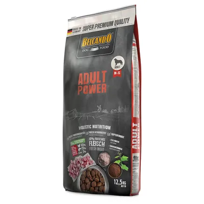 Sac de croquettes Belcando Dog Food Adult Power, 12,5 kg, pour chiens adultes M–XL, 30 % viande fraîche, super premium quality, made in Germany, visuels d’ingrédients et croquettes.