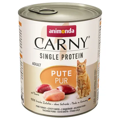 Scatoletta Animonda Carny Single Protein Adult Pute Pur, con tacchino puro, senza cereali, 100% ingredienti freschi, made in Germany, immagine di un gatto e pezzi di carne visibili sull'etichetta.