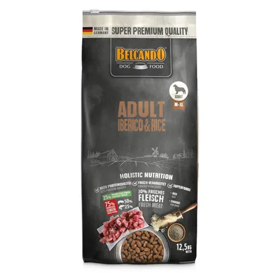 Belcando Dog Food Adult Iberico & Rice, vyrobeno v Německu, superprémiová kvalita, 12,5 kg. Holistická výživa s 30 % čerstvého masa, nejlepší kvalita bílkovin a superpotraviny.