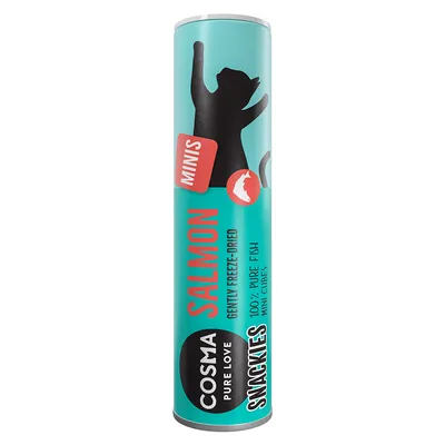 Cosma Pure Love Snacks Minis, lax, varsamt frystorkad, 100 % ren fisk i minitärningar.