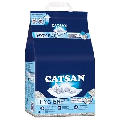 Verpakking CATSAN HYGIENE PLUS kattenbakvulling, 18L. Niet klontvormend. Zichtbare pictogrammen: geurcontrole, absorberend, geschikt voor katten. Tekst in Duits en Nederlands.