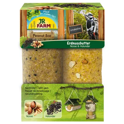 JR Farm Peanut Bar, paquet de recharge beurre de cacahuète, noix et sureau. Texte visible : Nachfüller, refill pack, Paquet de remplissage, navulverpakking. Images de noix, sureau, mangeoire à oiseaux.